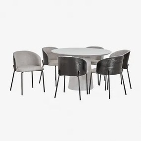 Ronde Tafelset Ø120 Cm In Cement Noemi En 6 Eetkamerstoelen In Hout Gestoffeerd Amieva Zand Grijs - Sklum