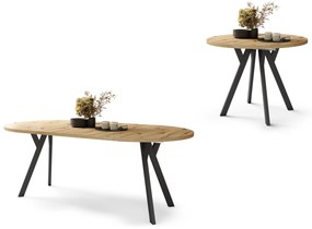 ALDO 100 Eiken Artisan/Zwarte poten - RONDE LOFT/INDUSTRIËLE TAFEL VOOR WOONKAMER/EETKAMER, UITSCHUIFBAAR