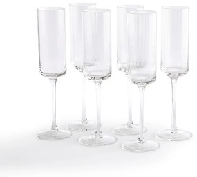 Set van 6 champagneglazen in geribbeld glas, Stria
