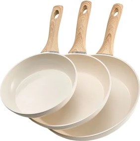 VEVOR Koekenpannenset 3-delig (200 / 240 / 280 mm), Stevige aluminium koekenpannen (antiaanbaklaag), Kookpan Keuken Kookgerei Geschikt voor Gas Elektrisch Inductie Beige