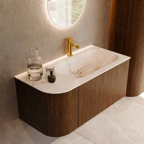 Mondiaz Kurve-dlux 95cm badmeubel ronding links dusk met 1 lade en deur en wastafel big small kraangat rechts frappe
