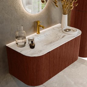 Mondiaz Kurve-dlux 100cm badmeubel ronding links/rechts ruby met 1 lade en 2 deuren en wastafel grunne midden 1 kraangat glace