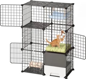 VEVOR Kattenkooi, 3-laags kattenren, 71,1 x 45,5 x 104,1 cm, doe-het-zelf kattenren met kattenbak, verwijderbare metalen draadkooi voor binnengebruik, ideaal voor 1-2 katten en kleine dieren, zwart