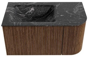 Mondiaz Kurve-dlux 85cm badmeubel ronding rechts walnut met 1 lade en deur en wastafel cloud kraangat links lava