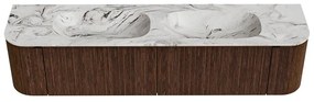 Mondiaz Kurve-dlux 190cm badmeubel ronding links/rechts walnut met 2 lades en deuren en wastafel stor small dubbel 2 kraangaten glace