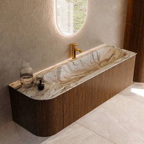 Mondiaz Kurve-dlux 145cm badmeubel ronding links dusk met 1 lade en deur en wastafel big large kraangat rechts glace