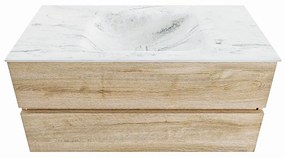 Mondiaz Vica DLux badmeubel 100cm washed oak 2 lades met wastafel opalo midden zonder kraangat