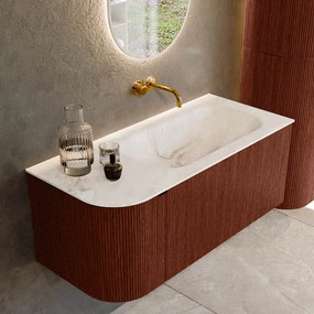 Mondiaz Kurve-dlux 105cm badmeubel ronding links ruby met 1 lade en deur en wastafel big small rechts zonder kraangat frappe