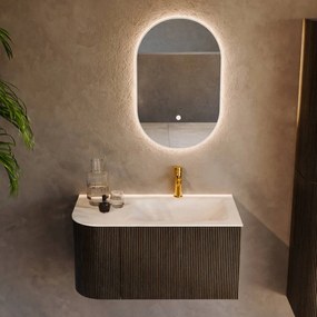 Mondiaz Kurve-dlux 85cm badmeubel ronding links shadow met 1 lade en deur en wastafel cloud kraangat rechts ostra