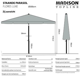 Madison stokparasol Flores luxe grey 300 cm.