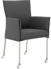 Goossens Eetkamerstoel Funk RVS Poten donkergrijs stof met armleuning en Transparant skater wiel met rvs kapmet wielen, modern design