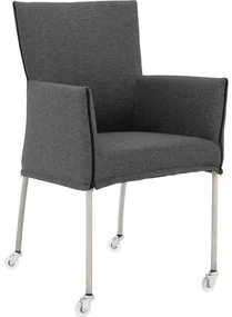 Goossens Eetkamerstoel Funk RVS Poten donkergrijs stof met armleuning en met wielenTransparant skater wiel met rvs kap, modern design
