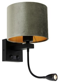 LED Wandlamp zwart met velours kap groen 18cm - Brescia Klassiek / Antiek, Modern E27 rond Binnenverlichting Lamp