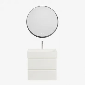 Ona Zwevend Badkamermeubelset Van Hout En Essenfineer Met Geïntegreerde Wastafel Wit & Round Led And Antifog Zwart Ø80 Cm - Sklum