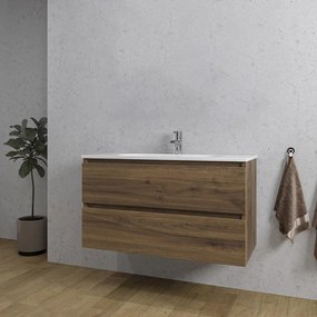 Adema Chaci Badkamermeubelset - 100x46x57cm - 1 ovale keramische wasbak wit - 1 kraangat - 2 lades - noten (hout) SW1212772/SW718718