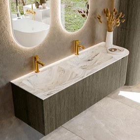 Mondiaz Kurve-dlux 145cm badmeubel ronding rechts shadow met 1 lade en deur en wastafel leaf dubbel/links 2 kraangaten glace