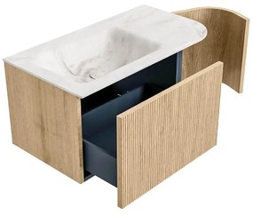 Mondiaz Kurve-dlux 85cm badmeubel ronding rechts oak met 1 lade en deur en wastafel cloud links zonder kraangat frappe