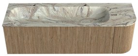 Mondiaz Kurve-dlux 145cm badmeubel ronding rechts dusk met 1 lade en deur en wastafel big large links 2 kraangaten glace