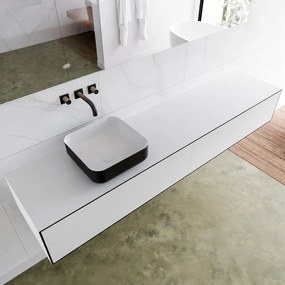 Zaro Lagom volledig naadloos solid surface onderkast met topblad 200cm mat zwart met 2 lades Push tot open. Compleet met solid surface opzetkom met 0 kraangat(en)