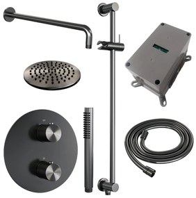 Brauer Gunmetal Carving thermostatische inbouw regendouche met staafhanddouche, gebogen muurarm, glijstang en hoofddouche 20cm set 87 gunmetal geborsteld PVD