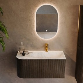 Mondiaz Kurve-dlux 95cm badmeubel ronding links shadow met 1 lade en deur en wastafel big small kraangat rechts opalo