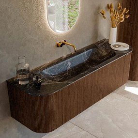 Mondiaz Kurve-dlux 150cm badmeubel ronding links/rechts walnut met 1 lade en 2 deuren en wastafel big medium midden zonder kraangat lava