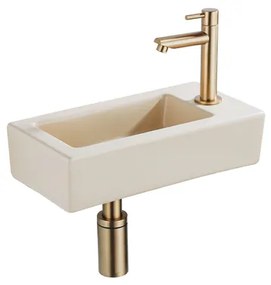 QeramiQ Fuente Fonteinset - 37.5x18.5x9cm - keramiek - kraangat rechts - fonteinkraan geborsteld messing - afvoerplug - verlaagd sifon - Mat Beige SW1122448/SW696208/SW696218/SW696238