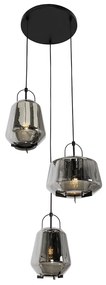 Hanglamp zwart met smoke glas rond 3-lichts - Kevin Art Deco E27 Binnenverlichting Lamp