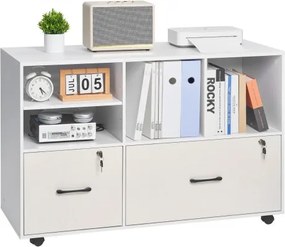VEVOR Houten archiefkast met 2 lades, mobiele kantoorkast met open planken, afsluitbare zijrolkast met verstelbare planken, printerstandaard voor schoolkantoor, wit
