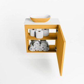 Mondiaz Fowy toiletmeubel 50cm ocher met gele waskom links en kraangat