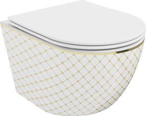 Mexen Lena wc-pot Rimless met slanke, soft-close duroplast zitting, wit/gouden rasterpatroon - 30224009