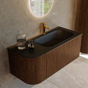 Mondiaz Kurve 105cm badmeubel ronding links walnut met 1 lade en deur en wastafel big small kraangat rechts urban
