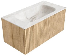 Mondiaz Kurve-dlux 90cm badmeubel oak met 1 lade en wastafel big small midden zonder kraangat frappe