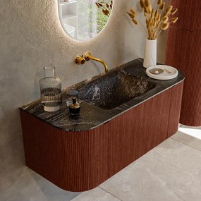 Mondiaz Kurve-dlux 110cm badmeubel ronding links/rechts ruby met 1 lade en 2 deuren en wastafel cloud midden zonder kraangat lava
