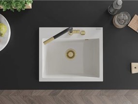 Mexen Oscar granieten gootsteen 1-komers 580 x 490 mm, wit, gouden sifon - 6519581000-20-G