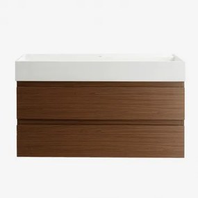 Ona Zwevend Badkamermeubelset Van Hout En Essenfineer Met Geïntegreerde Wastafel Spiegelloze & Zonder Kraan & Donker Hout & ↔︎ 100 Cm - Sklum
