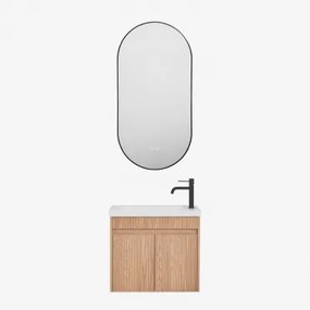 Narek Zwevend Houten Badkamermeubelset Met Geïntegreerde Wastafel Ash Brown & Mat Zwart ↑20 Cm Met Afvoerkraan Zonder Overloop Orveta & Ovale Led En A