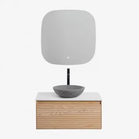 Tedrik Badkamermeubelset In Essenhout Ash Brown & Rond Grijs Cement Ø40 Cm Tarsis & Vierkant Led En Anticondens 75x75 Cm Tobie & Zwart - Sklum