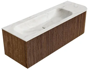 Mondiaz Kurve-dlux 135cm badmeubel ronding rechts walnut met 1 lade en deur en wastafel big medium links zonder kraangat ostra