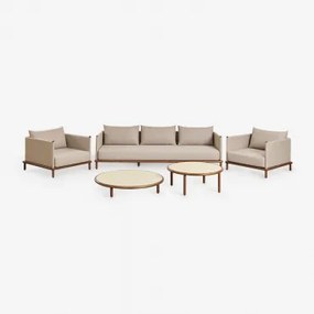 Woonkamerset Met 3-zitsbank, 2 Fauteuils En 2 Ronde Salontafels Van Acaciahout Olivia Beige - Semoline & Donker Acaciabruin - Sklum