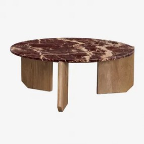 Ronde Salontafel Van Natuursteen En Mangohout Lavinia Rood Marmer Cherry Gold & Rustiek Mangohout & Ø85 Cm - Sklum