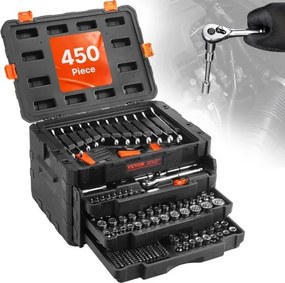 VEVOR Mechanic Tool Set Dopsleutelset (450-delig) 6,4/9,5/12,7 mm aandrijving, diepe en standaard doppen, SAE metrisch Mechanic Tool Set met sleutels en koffer