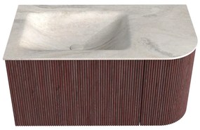 Mondiaz Kurve-dlux 85cm badmeubel ronding rechts ruby met 1 lade en deur en wastafel cloud links zonder kraangat ostra