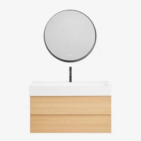 Badkamermeubelset Van Hout En Essenhoutfineer Met Geïntegreerde Wastafel Ona Natuurlijk Hout & Round Led And Antifog Zwart Ø80 Cm - Sklum