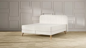 Emma Signature Boxspring Bed 180x200 - Beige - Strepen Hoofdbord - Beukenhout Pootjes