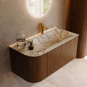 Mondiaz Kurve-dlux 95cm badmeubel ronding links dusk met 1 lade en deur en wastafel big small kraangat rechts glace