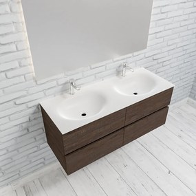 Zaro Sevilla Solid Surface badmeubel 120cm donker eiken 2 kraangaten dubbele spoelbak met 4 lades