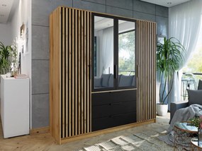 Kledingkast Enolevo 114, Zwart, Wotan eik, 200x196x58cm, Kledingkast deuren: Met scharnieren, Aantal planken: 8, Aantal planken: 8