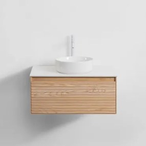 Tedrik Badkamermeubelset In Essenhout Ash Brown & Rond Keramiek Wit Ø40 Cm Lenka & Spiegelloze & Wit ↑30 Cm Met Aftapkraan Zonder Overloop Orveta -