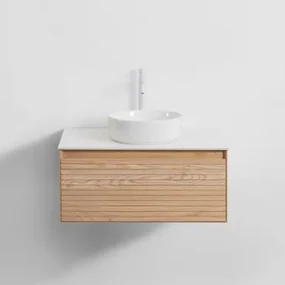Tedrik Badkamermeubelset In Essenhout Ash Brown & Rond Keramiek Wit Ø40 Cm Lenka & Spiegelloze & Wit ↑30 Cm Met Aftapkraan Zonder Overloop Orveta -